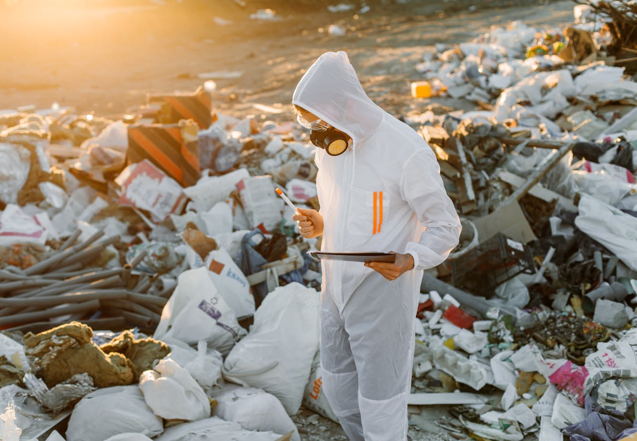 Scientist in protective suit inspecting a landfill site at sunset.